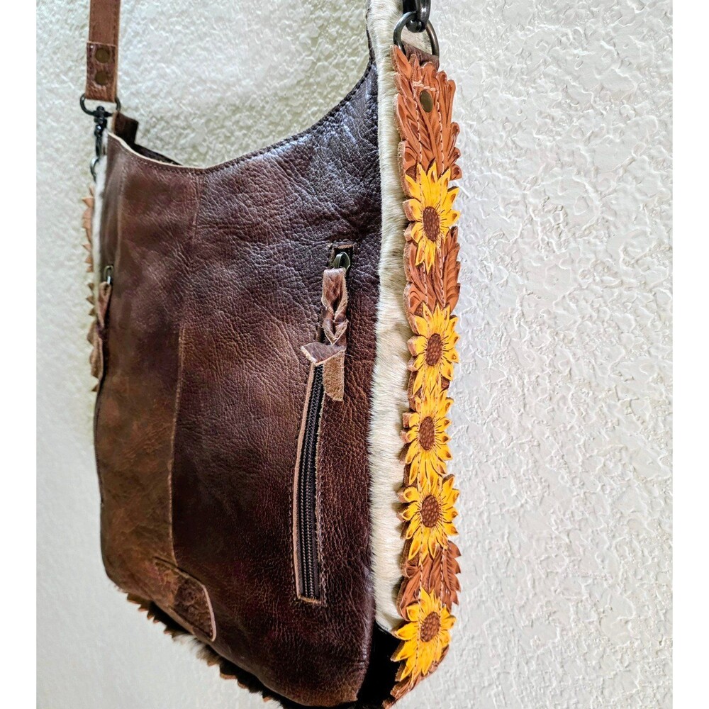 Boho Western Cowhide Leather Bag Brown & White Hair-On Hide shoulder bag unique